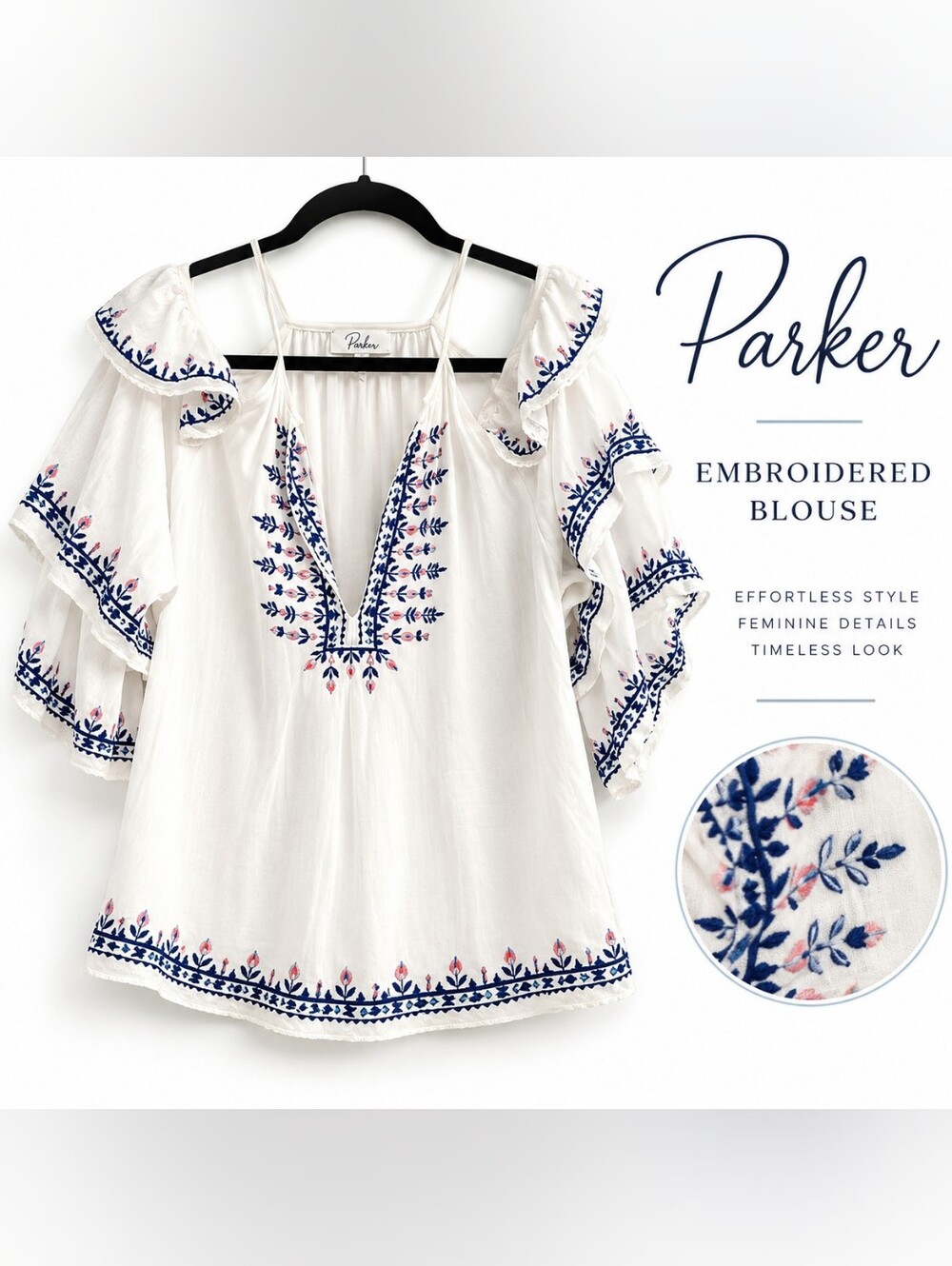Parker White Blouse with Blue Embroidery